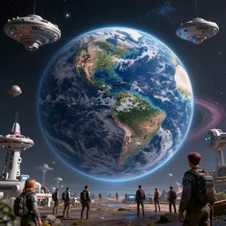 a galactic scene where animal ai technology rules earth while the human race is regaining strength from their space bases to take back control from what they've created in a dystopian world, 4 k, hyperrealistic
