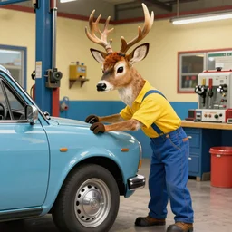 a anthropomorphic buck working on a car in a mechanic shop painted by norman rockwell, vivid colour, trending on artstation, highly detailed, smooth, 8 k