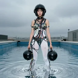 realistic photo portrait of common girl in white tights with many cords leds and detailed wires, spherical black helmets, in a big pool filled with mercury, the sky is grey, miss april 2 0 0 0, life magazine photo,