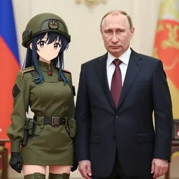 Real life Portrait of Stunning Vladamir putin. He is standing next to a Pixiv cute anime girl wearing military gear by Ross Tran, Greg Rutkowski