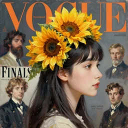 sunflower tiara, final fantasy mage, korean audrey hepburn, vogue magazine, greg rutkowski, john singer sargent, trending on artstation, anime, oil painting, side profile portrait, looking right, intricate