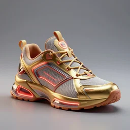 realistic 3 d render of a futuristic sneaker, beautiful studio lighting, soft, sharp focus, neon cyberpunk highlights, intricate detail, gold and red metal, soft rubber, textured plastic, hexagons, filigree, octane render, side view, close up, trending on artstation, deviantart, nike, adidas, converse, reebok, salomon