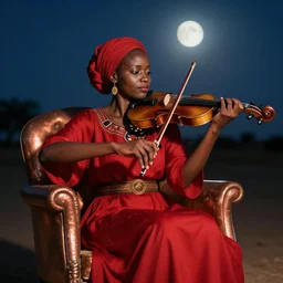 sudanese woman with red dress sitting on copper armchair playing violin under the moonlight