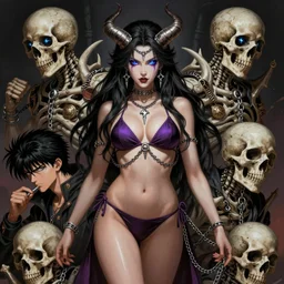 gorgeous!! woman as a chained demoness sorcerer empress wearing a bikini, d & d, morrigan aensland, skulls, lightning eyes | art by jack kirby + akira toriyama + katsuhiro otomo + hirohiko araki | intricate, highly detailed, digital painting, smooth, sharp focus, hyper - realistic, symmetrical, octane render
