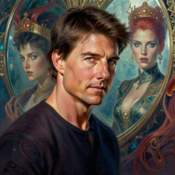 Tom Cruise meets Crom Tuise from the mirror dimension, background by artgerm, fantasy, high detail, elegant, digital painting, cinematic lighting, vibrant, intricate, textured skin, highly detailed, artstation, sharp, focus, HDR, unreal engine 5, breathtaking, illustration, Anna Dittmann, Ilya Kuvshinov, Krenz Cushart