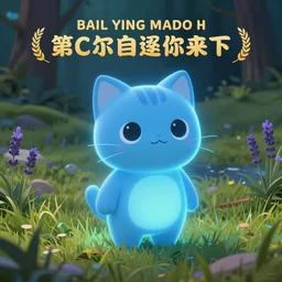 illustration of a glowing blue adorable cute cat in grassy field with forest in the background, incredibly cute, anime eyes, river, lavender growing nearby, cinematic lighting, high detail concept art, epic, award winning,