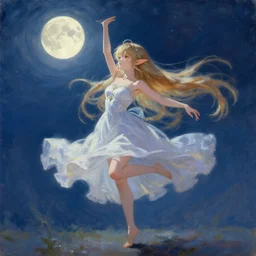 oil painting of a long hair anime ELF dancing in the moonlight l Trending on Pixiv