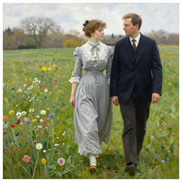 Richard Schmid and Jeremy Lipking full length portrait painting of a young beautiful edwardian girl walking through a field of flowers