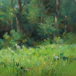 a photograph of a small grassland nestled in a forest, maximalist style, soft edges, finely detailed oil painting, impasto brush strokes, soft light, 8 k, dramatic composition, studio lighting, sharp focus, octane render, masterpiece, by makoto shinkai and akira toriyama and hayao miyazaki and claude monet