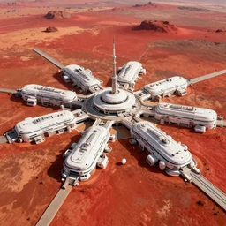 A super detailed futuristic Mars colony, white buildings, bright red Mars surface, aerial shot, mood lighting, Behance, digital art, trending on Artstation, 4k, by Vincent Di Fate