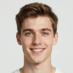 a portrait of a young Caucasian man smiling with short brown hair that sticks up in the front, blue eyes, groomed eyebrows, tapered hairline, sharp jawline, wearing a volleyball jersey, sigma 85mm f/1.4, 15mm, 35mm, 4k, high resolution, 4k, 8k, hd, highly detailed, full color, Kodak Kodachrome Film
