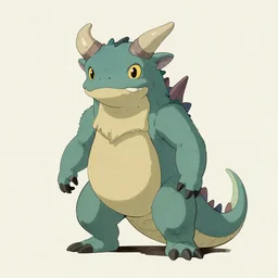 concept art of a humanoid horned lizard-like creature drawn by studio ghibli