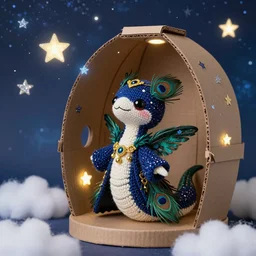 a finely knit bipedal chibi starry night eel snake fantasy lamia doll, hummingbird hair, wearing peacock feather mage robes with gold accent jewelry, inside a handcrafted cardboard observatory to look at the hand painted night sky full of glittery star stickers and glow in the dark star stickers, adorable, charming, macro camera lens, well lit, cinematic, real life, led lights, cotton clouds