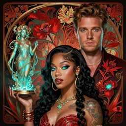 cardi b and james bond as darna, wax figure, glowing eyes, volumetric lights, red and cyan theme, art nouveau botanicals, intricate, highly detailed, digital painting, artstation, concept art, smooth, sharp focus, cinematic, illustration, beautiful face, art by artgerm and greg rutkowski and alphonse mucha