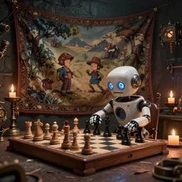 a beautiful tapestry, a small robot playing 3 d chess, ultra detailed, subtle atmospheric lighting, shadows, night, steampunk, moody, candles, characters from machinarium, by don bluth, trending on artstation, octane render, 8 k, ultra realistic