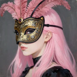 anime vogue mage masquerade, intricate oil painting by greg rutkowski, trending on artstation, side profile, pink hair