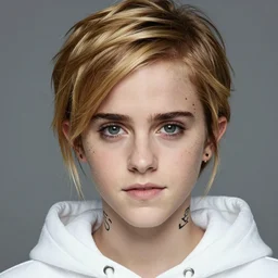 color studio photo of a tom boy, young adult, face tattoos, blonde hair, white hoodie, emma watson, detailed, close - up