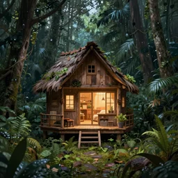 a very tiny!! rustic wooden house of a room with the light on, in the center of rainforest, night, highly detailed, digital painting, trending on artstation, concept art, smooth, sharp focus, illustration, art by greg rutkowski