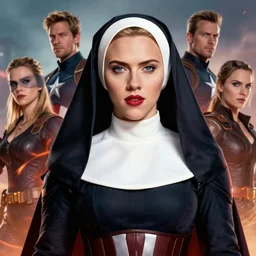 captain america played by by scarlett johansson wearing nun outfit, face portrait, battle shot, hd shot, digital portrait, elegant, beautiful, fantasy art, artstation, comic style, by artgerm, guy denning, jakub rozalski, magali villeneuve and charlie bowater