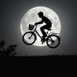a silhouette of a boy making a big jump with bike with basket in front of it, flying, a silhouette of trees and big grass, big shiny moon on the background at night