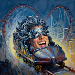 anyway, the biting cold becomes a mask and you are brimming on the inside. the biting cold whips your face, and your lips want to disappear they press so hard. and chatter do teeth in line at goliath, that rollercoaster whose name i forgot. dynamic lighting, cinematic, establishing shot, extremely high detail, shining, photo realistic, cinematic lighting, intricate line drawings, 8k resolution, oil painting on canvas