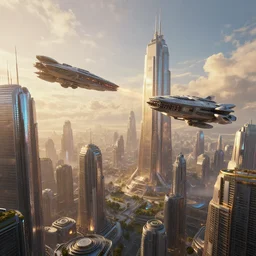The futuristic sci-fi city has extremely tal buildings, two giant spaceships are combating and floating over the city, the background has a detailed heavenly lit exterior with iridescent light, matte painting, concept art, dramatic lighting, golden hour, 4k, 8k, trending on Artstation, realistic