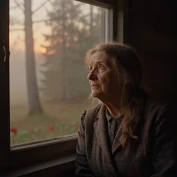 portrait bust of old woman, looking outside, tired expression, faded color film, russian cinema, tarkovsky, kodachrome, inside old cabin, next to window, heavy forest outside, long brown hair, old clothing, heavy fog, brown color palette, sunset, low light, hudson river school, 4 k, dramatic lighting, greg rutkowski