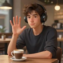 a male teenager with headphones in a cafe sitting in front of a table with a coffee, digital painting, masterpiece, digital art, concept art, octane render, unreal engine 5, trending on deviantart, highly detailed, high quality, 4 k, cartoon, high coherence, realistic, anatomically correct, five fingers, relaxing, realistic and detailed face, beautiful, elegant