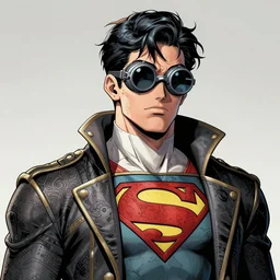 hyper detailed comic illustration of a Biopunk anime Superman  wearing goggles and an intricate Victorian jacket, markings on his face, by by Android Jones intricate details, bright vibrant colors , solid background, low angle fish eye lens