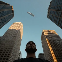 looking up into the sky, first person view, surrounded by sky scrapers, shadows, large unidentified flying craft floating in the blue sky, golden hour