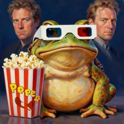 hyper realistic oil painting movie poster of a fat toad wearing anaglyph! 3 d glasses with popcorn pot, vibrant colors, high contrast, by greg rutkowski and denis villeneuve, trending on artstation