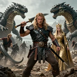 portrait of conan the barbarian protecting the queen of zamorra from an attack by giant lizards