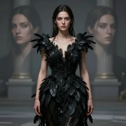 meredit frampton and craig mullins style : hight focus of a wonderful realistic focused expressive wonderful symmetrical mid portrait of a lonely very beautiful goddess, with a dress that is like a realistic black plumes, dramatic light, masterpiece, spetacular quality, octane render - 8 k