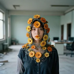 a woman wearing a hood made of wire and zinnias, in an abandoned office building, canon eos c 3 0 0, ƒ 1. 8, 3 5 mm, 8 k, medium - format print