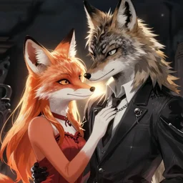 fox girl and coyote man goth anime by wlop