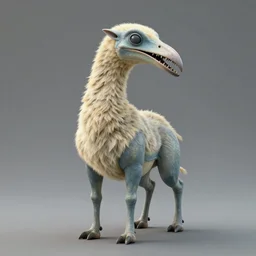 A large, unique, hexapedal creature with an elongated head, two dark grey compound eyes, no ears, no nose, and a sharp, hooked beak filled with serrated teeth. It has a long neck, and its shoulders are pronounced. It has a barrel-chested torso with a narrow waist. It has six short, delicate legs that end in two-toed hooves, and no tail. head, neck, shoulders and back are covered in rubbery skin, while the rest of its body is covered in short hair. It is cream, straw and dull blue.