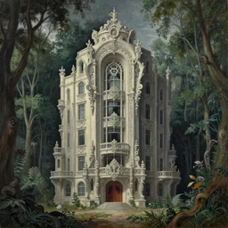 a painting of a building in the middle of a forest, a detailed matte painting, brutalism, dystopian art, greeble, oil paint, insanely detailed and intricate, hypermaximalist, elegant, ornate, hyper realistic by eugene von guerard, zdzislaw beksinski, arnold boecklin, francisco goya, caravaggio, paul rudolph