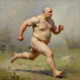 male monk who is short fat and somewhat muscular running at full speed without shirt, concept art, oil painting, DND, In the art style of Mohrbacher, Peter