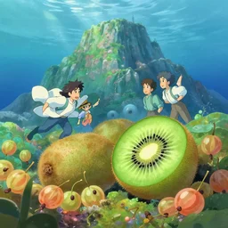 underwater photography of kiwi fruit and gooseberry fruit in front an underwater mountain, art by makoto shinkai, ivan aivazovski, greg rutkowski, colorful, artgem artstation, disney, funny, colorful, romantic, epic