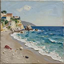impasto relief painting of a beautiful italian beach scene with a very rough sea, claire tabouret