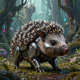 giants mechanical hedgehog on the background of a weird magical mechanical forest. Very detailed 8k. Fantasy cyberpunk horror. Sharp. Cinematic post-processing. Unreal engine. Nanite. Ray tracing. Parallax. Tessellation