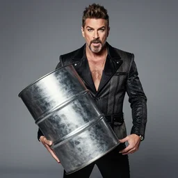 portrait of rupaul holding a steel barrel, realistic, high quality, studio lighting