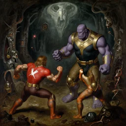 painting by hieronymus bosch, avengers fighting thanos in a terrying hellish dark cavernous hell