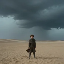 a cinematic wide angle shot of a boy in the movie dune, stormy weather, dry, film still, cinematic, movie still, dramatic lighting, by zack snyder