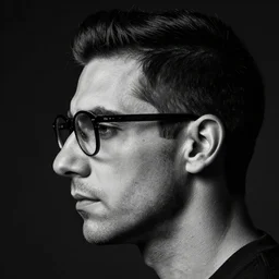 black and white profile photo, studio photograph of a male symmetrical handsome andrea belluci wearing glasses the painter artist, anxiety and depression, intricate, elegant, highly detailed, hyper realistic, dark background, flickr, smooth, sharp focus, shot by canon