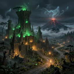 ancient city, forest, road, night sky, green lights, torchlights, volcano, fog, flying souls, ghosts, epic scale, dramatic lighting, detailed illustration, hd, 4k, digital art, overdetailed art, concept art, detailed illustration, hd, 4k, digital art, concept art, Dan Mumford, Peter Mohrbacher, Alfons Mucha, trending on artstation, environment highly detailed