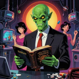 Cthulhu as a modern day business man with a family and a drug and gambling addiction, necronomicon is the family Bible , Junji Ito and Greg rutkowski, psychedelic , 50s style infomercial , award winning , retro futuristic