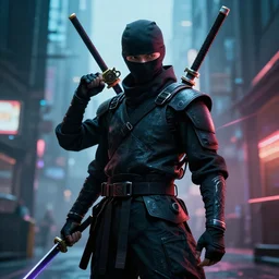 photo of a cyberpunk ninja with weapons
