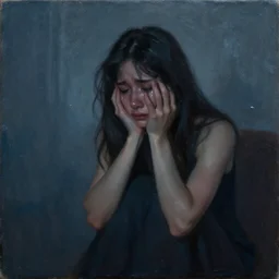 a beautiful painting of a sad woman crying in the night, room, weird, blurry, water