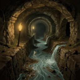 flowing water inside the ancient flooded stone sewers. fantasy art, underground, wet, canal, muck, mud, running water, stream, musty, sewage, darkness, underground, catacombs, abandoned spaces, torchlight. digital line illustration from the earthdawn campaign setting. myth drannor. parlainth. by fred fields.
